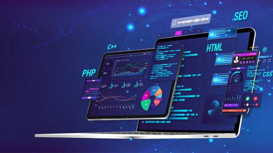 Business App dashboard with graph, charts, analytics data, testing platform, coding process