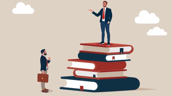 illustration of successful man on top of stack of textbooks looking at other on the floor.