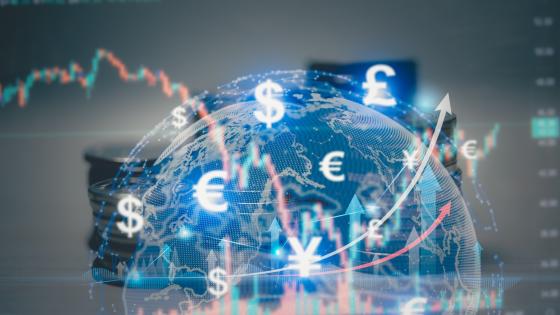 Currency symbols, globe and chart