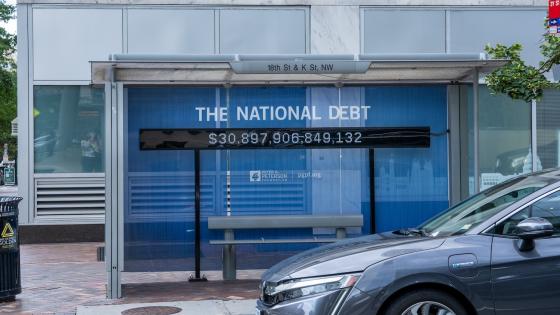 Amount of The National Debt on a bus stop shelter in Washington, DC