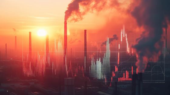 Chimneys emitting smoke and financial charts