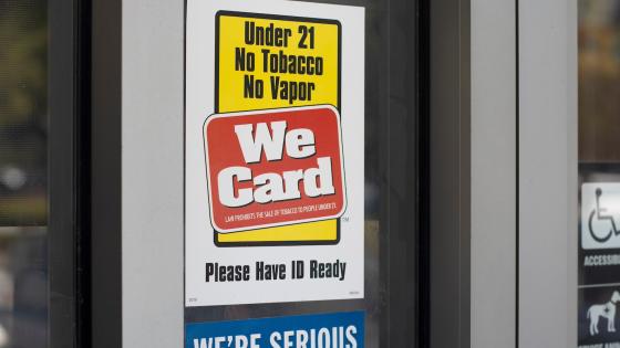 We Card sign is seen outside a store in Irvine, California