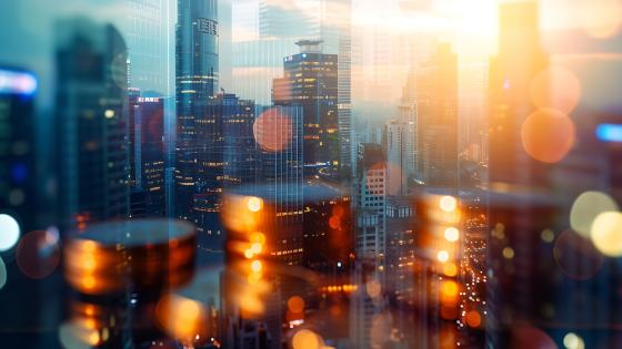 Double exposure of city and rows of coins