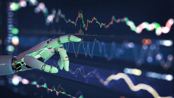 Ai Robot hand touching financial charts