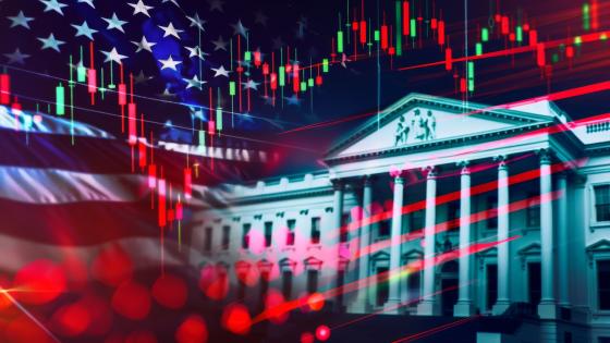 White House, stock market and American flag graphic