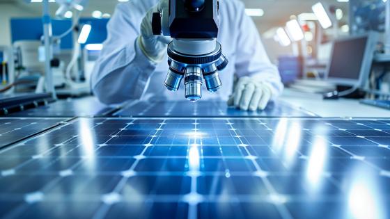 Scientist inspecting solar panels with a microscope