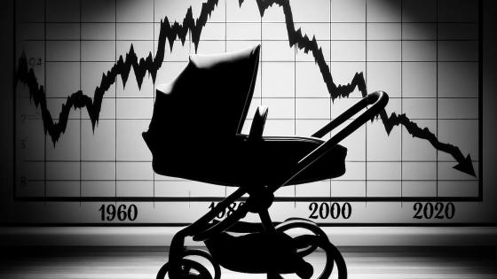 Buggy and chart showing declining birth rate