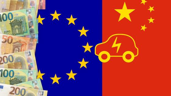 Euro notes and EV icon on EU and Chinese flags