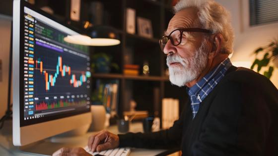 Older man watching stock market on computer at home