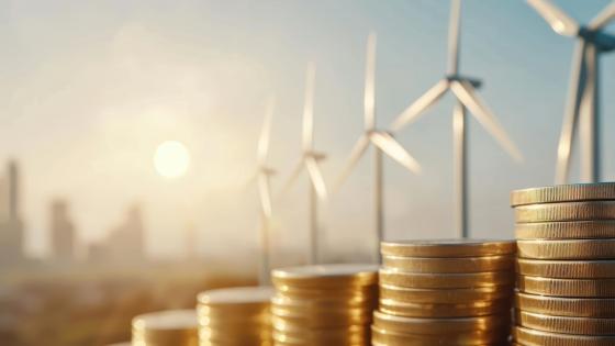 Wind turbines and piles of coins