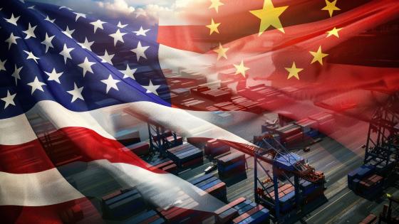 Chinese and US flags and shipping containers