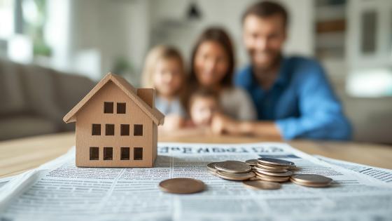 Coins and wooden house on newspaper with a family in background