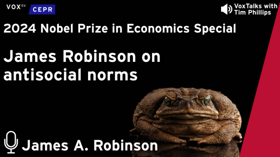 A promotional image for a VoxTalks podcast featuring James A. Robinson discussing antisocial norms, with an image of a toad against a black background.