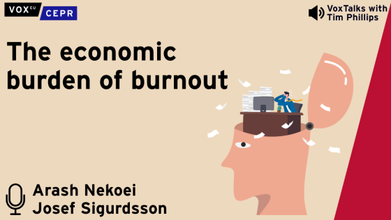 Podcast cover image titled "The economic burden of burnout" with an illustration of a stressed person working at a desk inside a giant open head, surrounded by scattered papers.