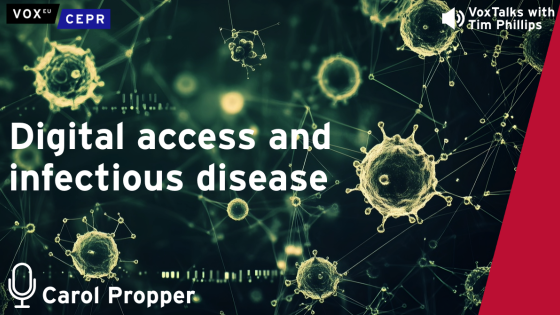 Illustration of virus particles connected by digital nodes with the text "Digital access and infectious disease" and "VoxTalks with Tim Phillips interviewing Carol Propper"