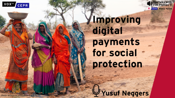 A group of women in colorful traditional Indian attire stand in a dry, rural area. The text on the image reads, "Improving digital payments for social protection" by Yusuf Neggers.