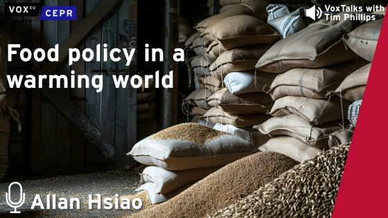 Bags of grain stacked in a rustic warehouse with the text "Food policy in a warming world" and "VoxTalks with Tim Phillips." With a microphone icon and the interviewee name Allan Hsiao