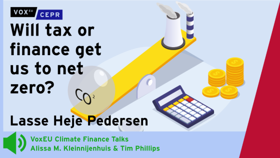 Will tax or finance get us to net zero? A scale with a coin, calculator, and CO2 emissions, representing financial planning and carbon footprint reduction