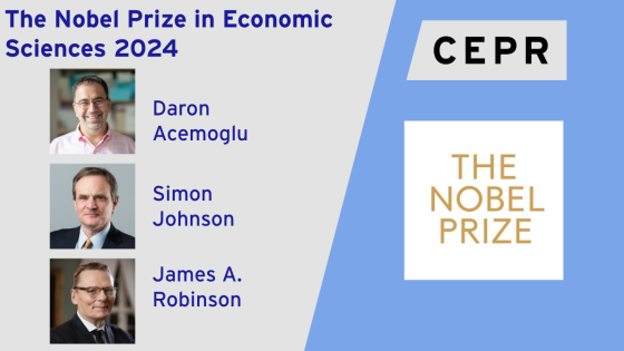 An announcement for the Nobel Prize in Economic Sciences 2024 featuring images of Daron Acemoglu, Simon Johnson, and James A. Robinson, alongside the Nobel Prize logo and CEPR branding.