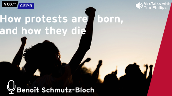 Silhouettes of people raising their fists in protest with the text "How protests are born, and how they die" and "VoxTalks with Tim Phillips." With a microphone icon and the name Benoît Schmutz-Bloch next to it