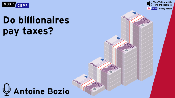 A stack of 500 euro bills is accompanied by the text "Do billionaires pay taxes?" and "VoxTalks with Tim Phillips @ PSE-CEPR Policy Forum." Speaker: Antoine Bozio