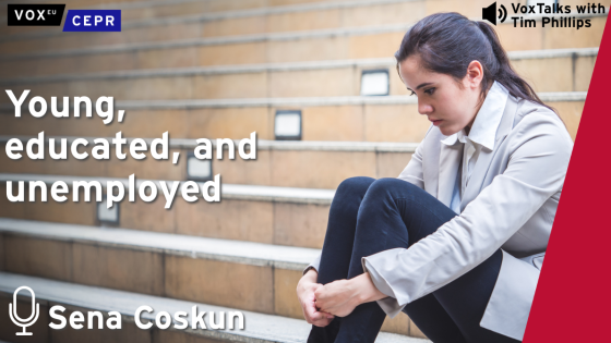 A young woman sits on outdoor steps looking down, with text promoting a VoxTalks podcast episode featuring Sena Coskun on youth unemployment